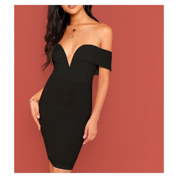 MBM Unlimited Dresses & Skirts - Black Bardot Plunge Bodycon Cocktail Short Dress